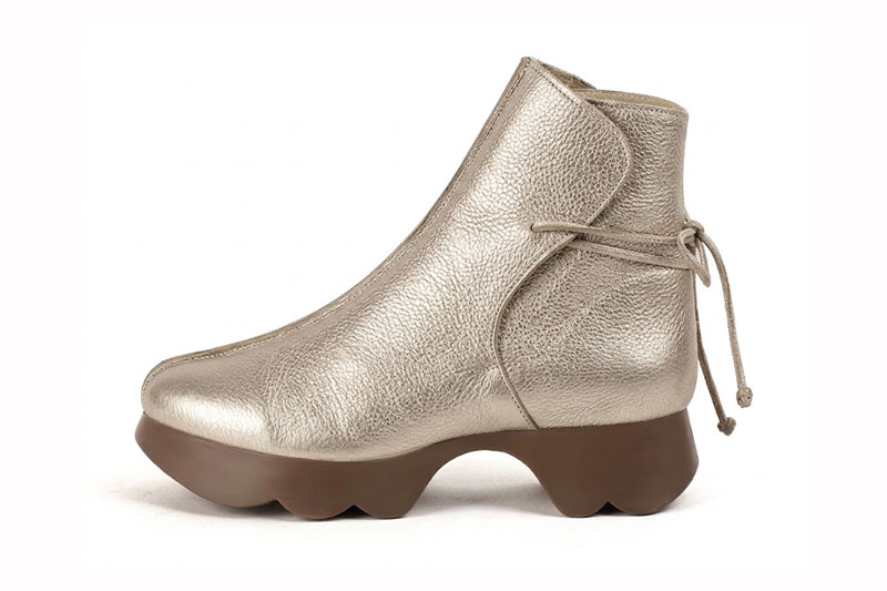 Women's gold back lace-up ankle boots with round toe and chunky rubber sculpted sole - Profile view